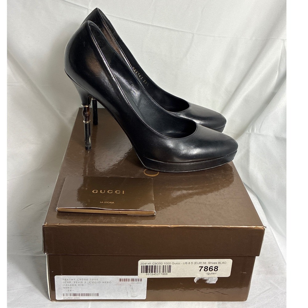 Gucci Black Malaga Kid Leather Bamboo Heel Platform Pumps 204141 Size 38.5